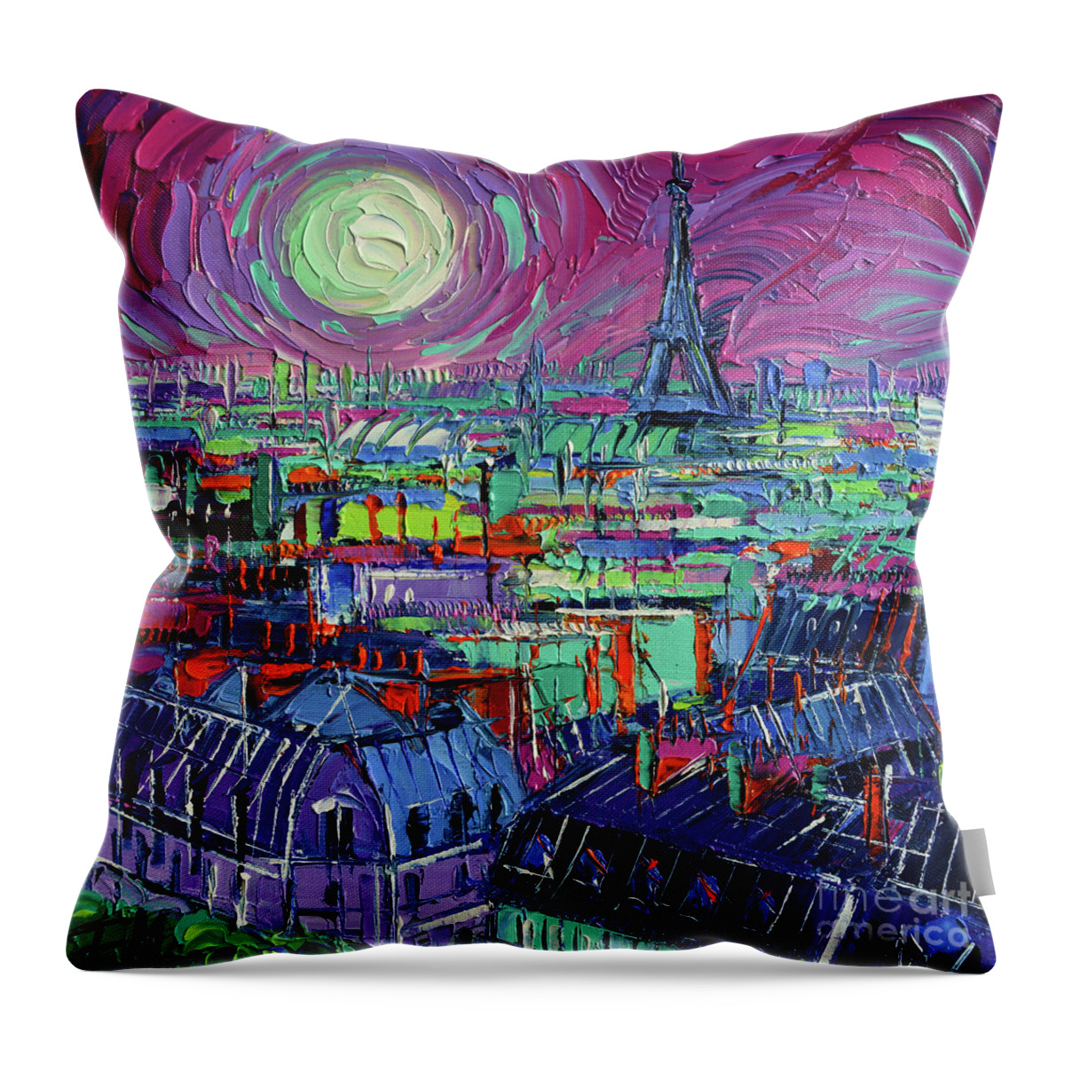 Paris By Moonlight Throw Pillow featuring the painting Paris By Moonlight by Mona Edulesco