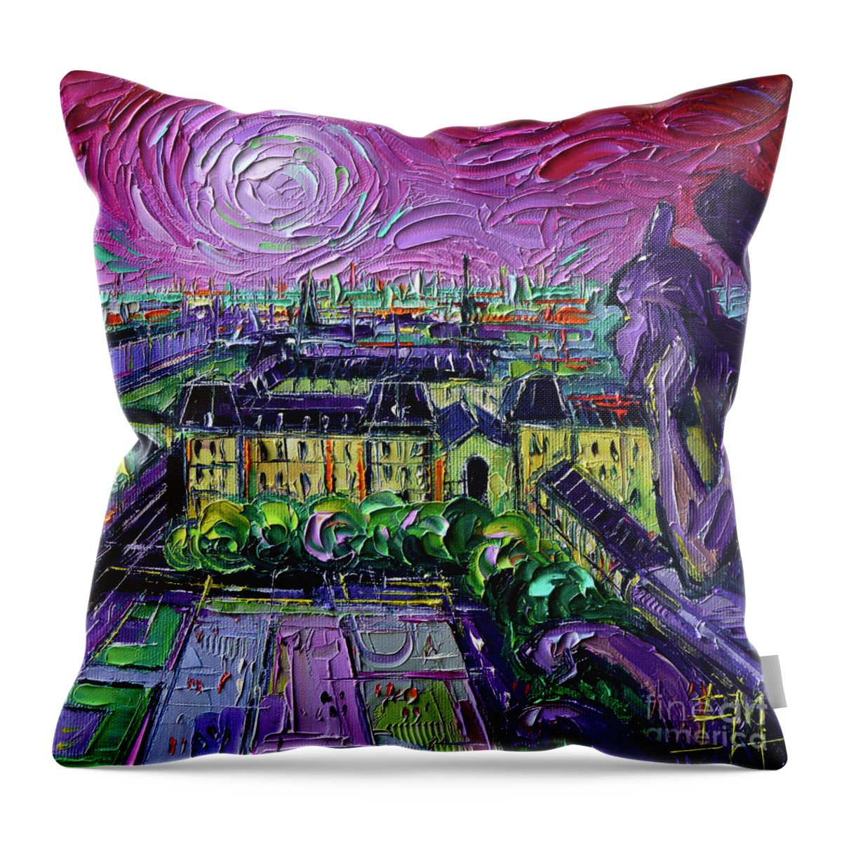 Paris Gargoyle Throw Pillow featuring the painting PARIS VIEW WITH GARGOYLES Diptych oil painting right panel by Mona Edulesco