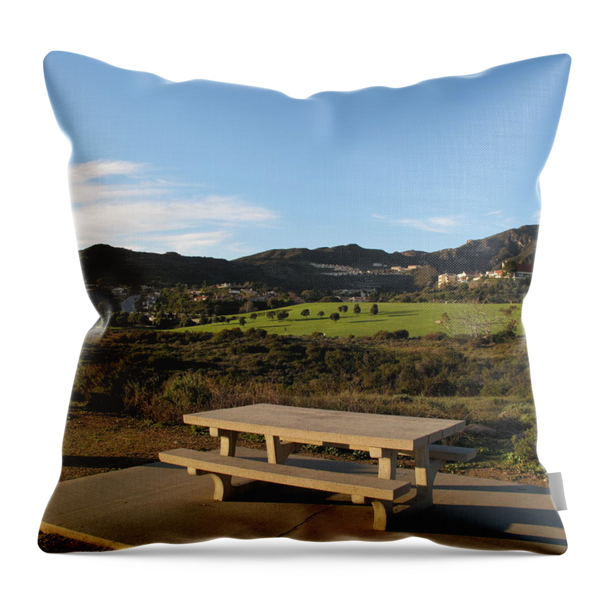 Tranquility Throw Pillow featuring the photograph Park Bench In Malibu by Marianna Sulic