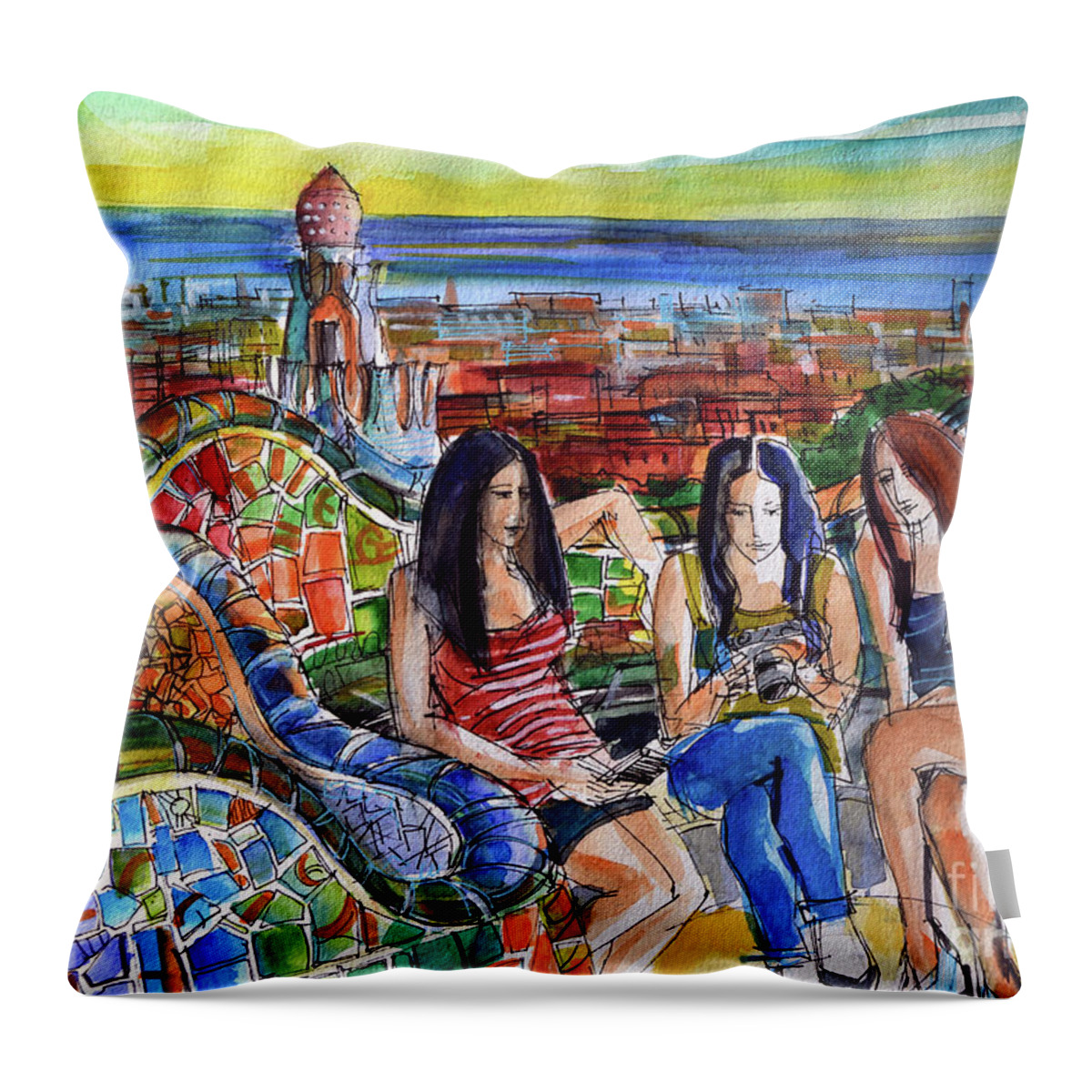 Park Guell Throw Pillow featuring the painting Park Guell Barcelona Photo Session by Mona Edulesco
