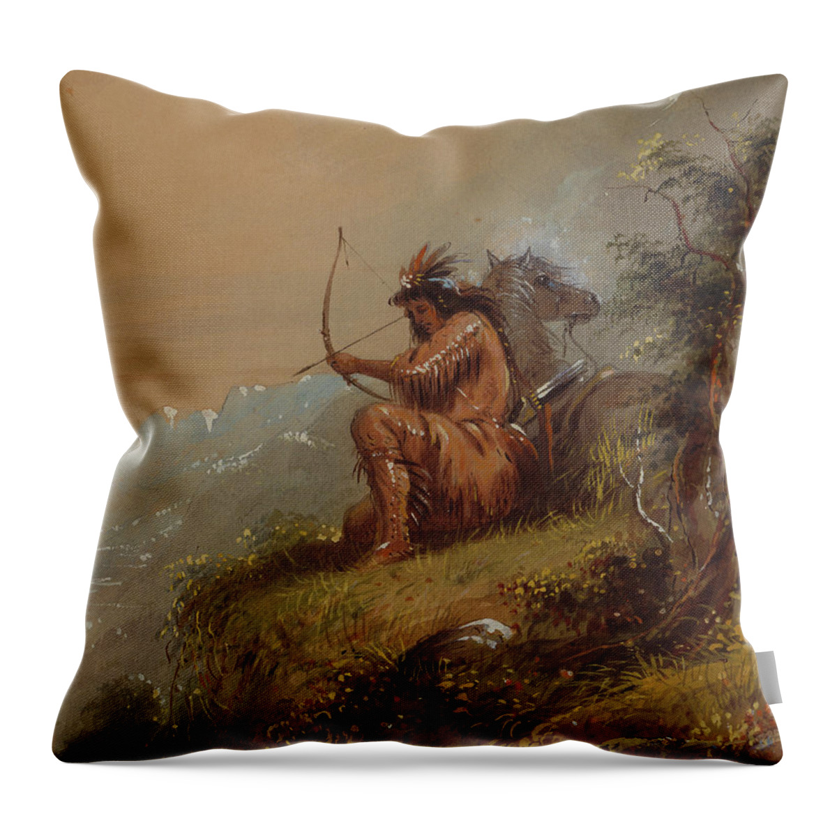 19th Century Throw Pillow featuring the painting Pawnee Supplying Camp, C.1837 by Alfred Jacob Miller