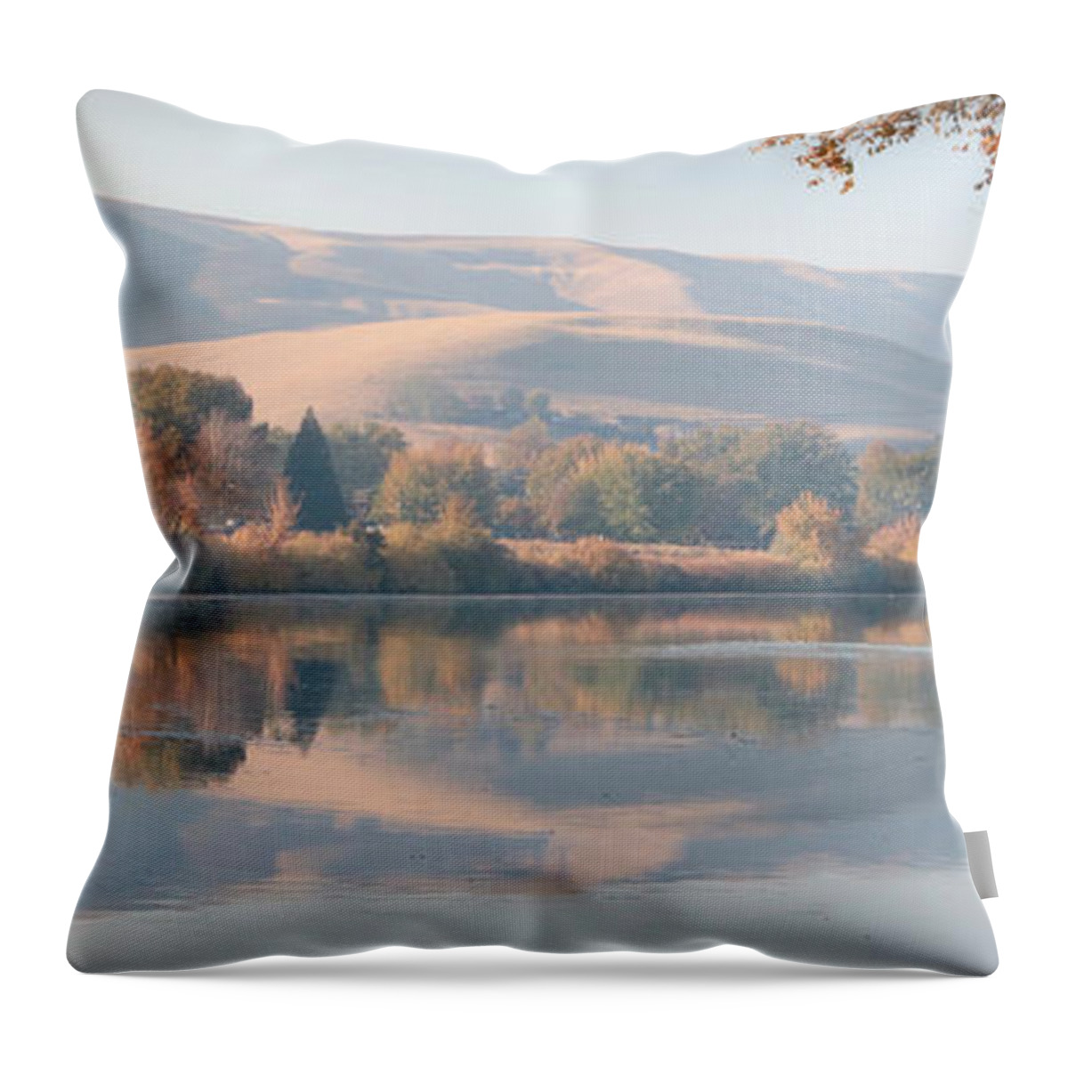Waterscape Throw Pillow featuring the photograph Peaceful Autumn River Panorama by Carol Groenen