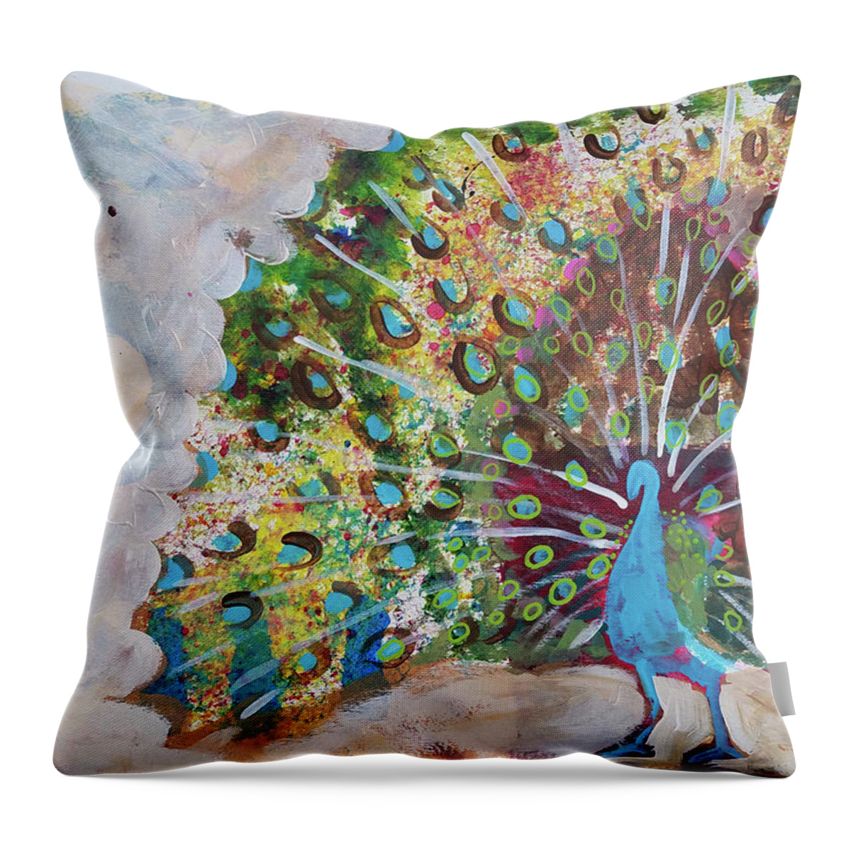 Peacock Throw Pillow featuring the painting Peacock in Morning Mist by Tilly Strauss