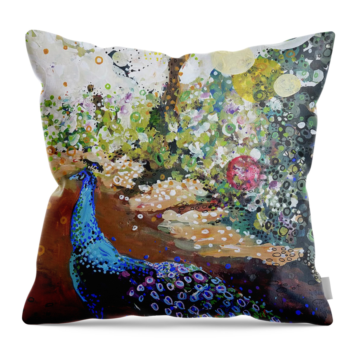 Bird Throw Pillow featuring the painting Peacock on path by Tilly Strauss