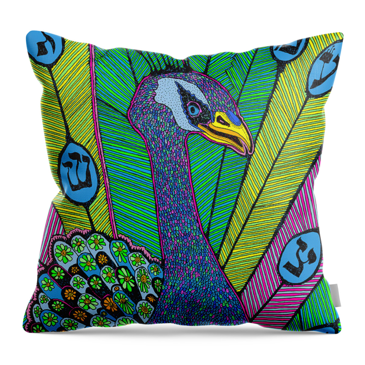 Peacock Throw Pillow featuring the painting Peacock by Yom Tov Blumenthal
