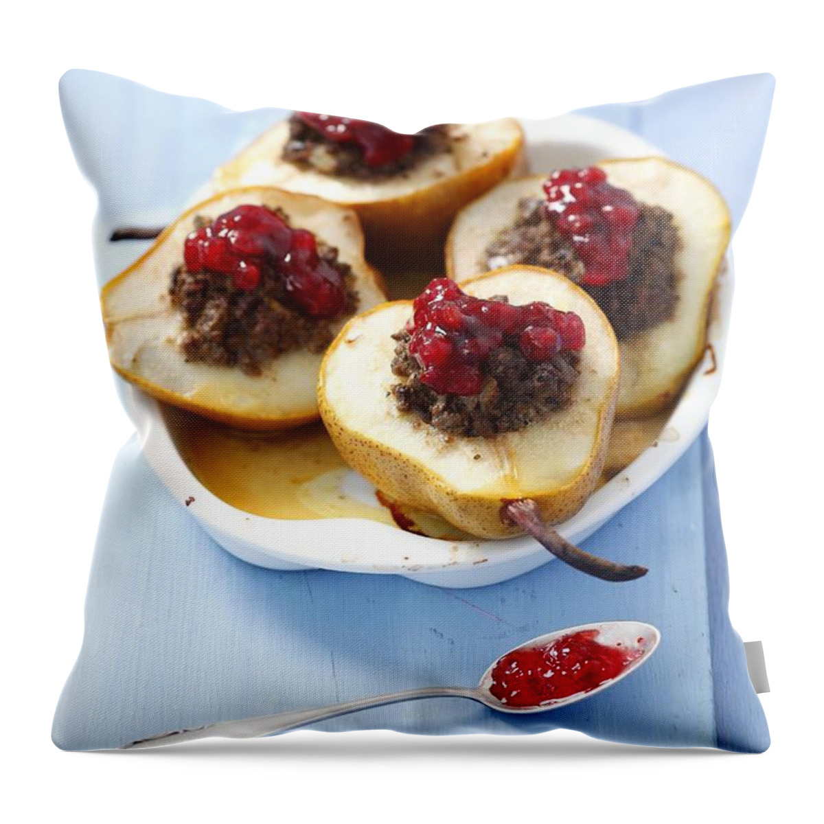 Ip_11215775 Throw Pillow featuring the photograph Pears Filled With Chicken Livers And Cranberries by Rua Castilho