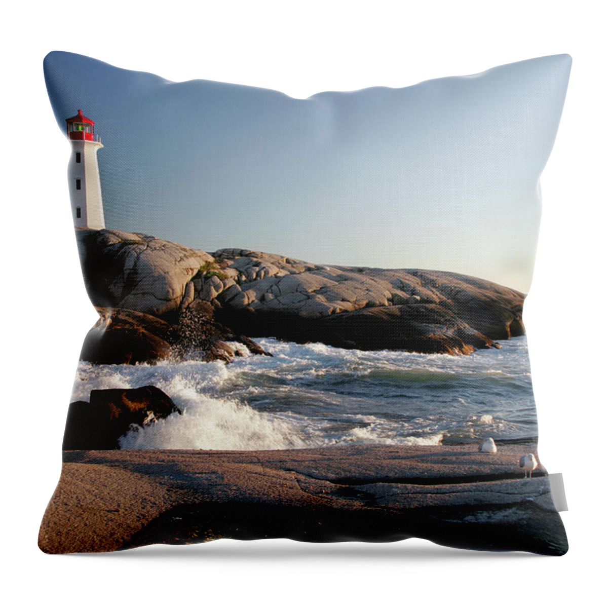 Water's Edge Throw Pillow featuring the photograph Peggys Cove Lighthouse & Waves by Cworthy