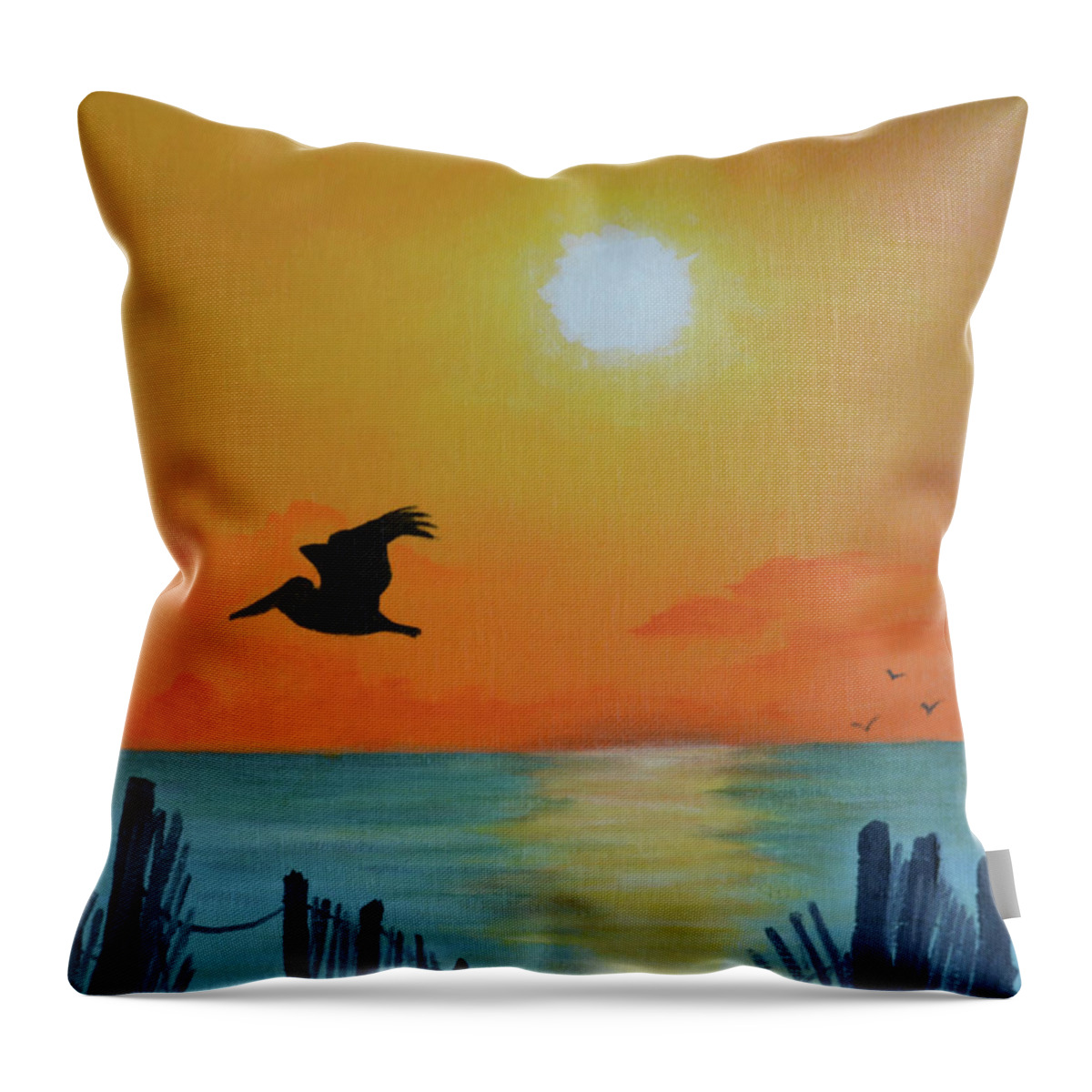Pelican Throw Pillow featuring the painting Pelican Sunrise on The Outer Banks by Jimmie Bartlett