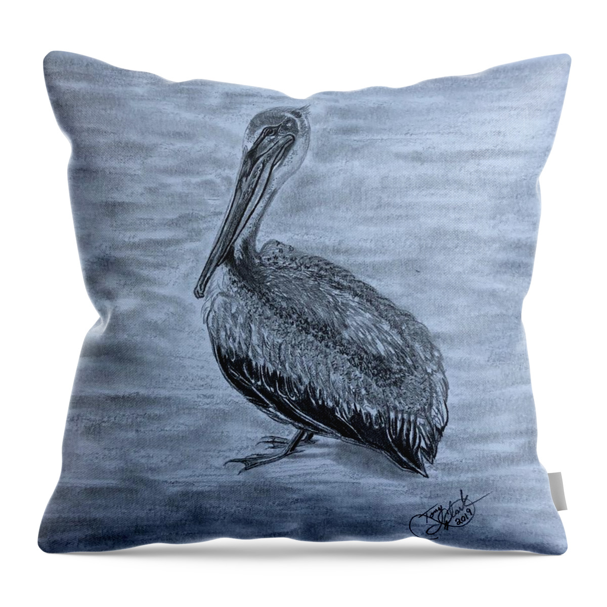 Pelican Throw Pillow featuring the drawing Pelican Watch by Tony Clark