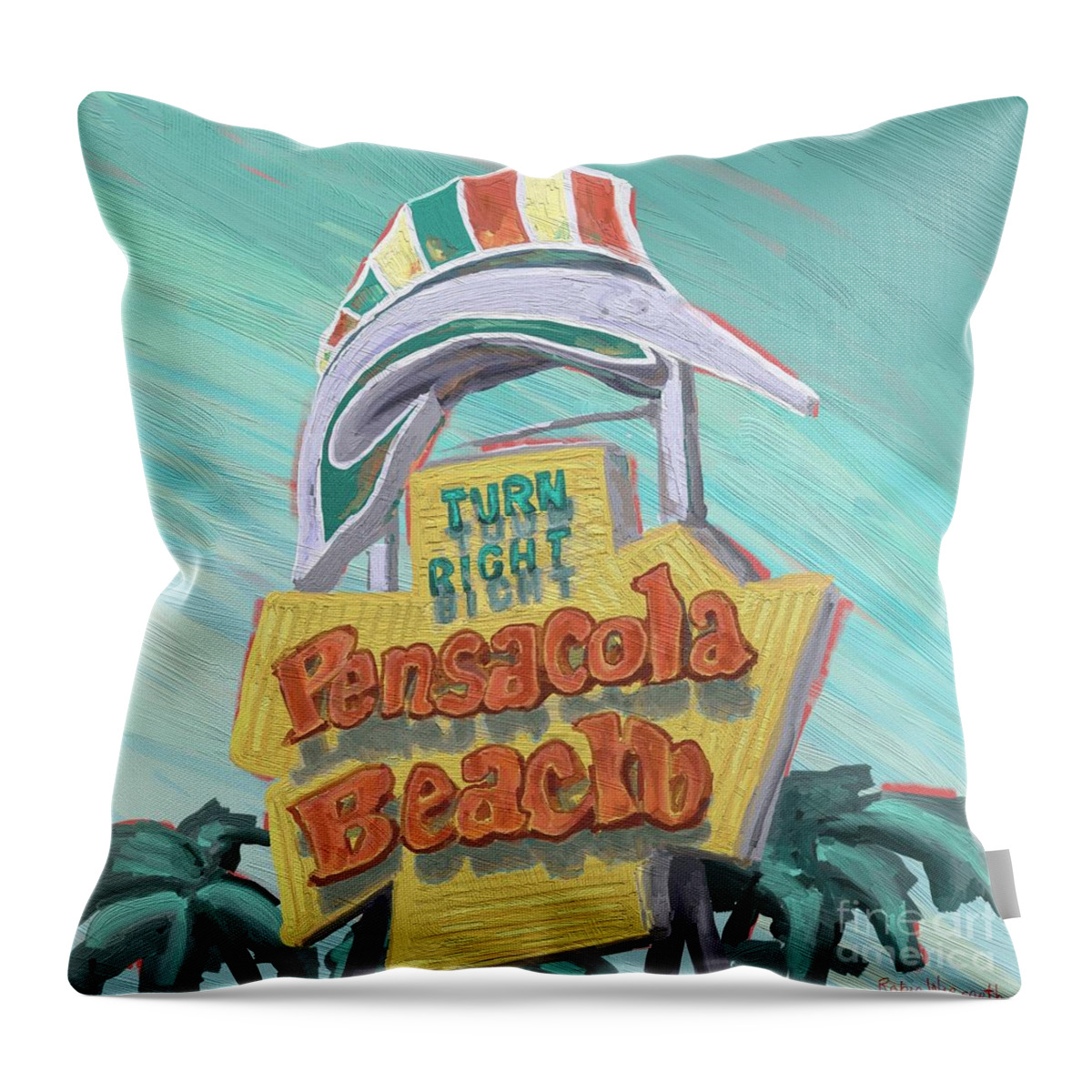 Vintage Throw Pillow featuring the digital art Pensacola Beach sign by Robin Wiesneth