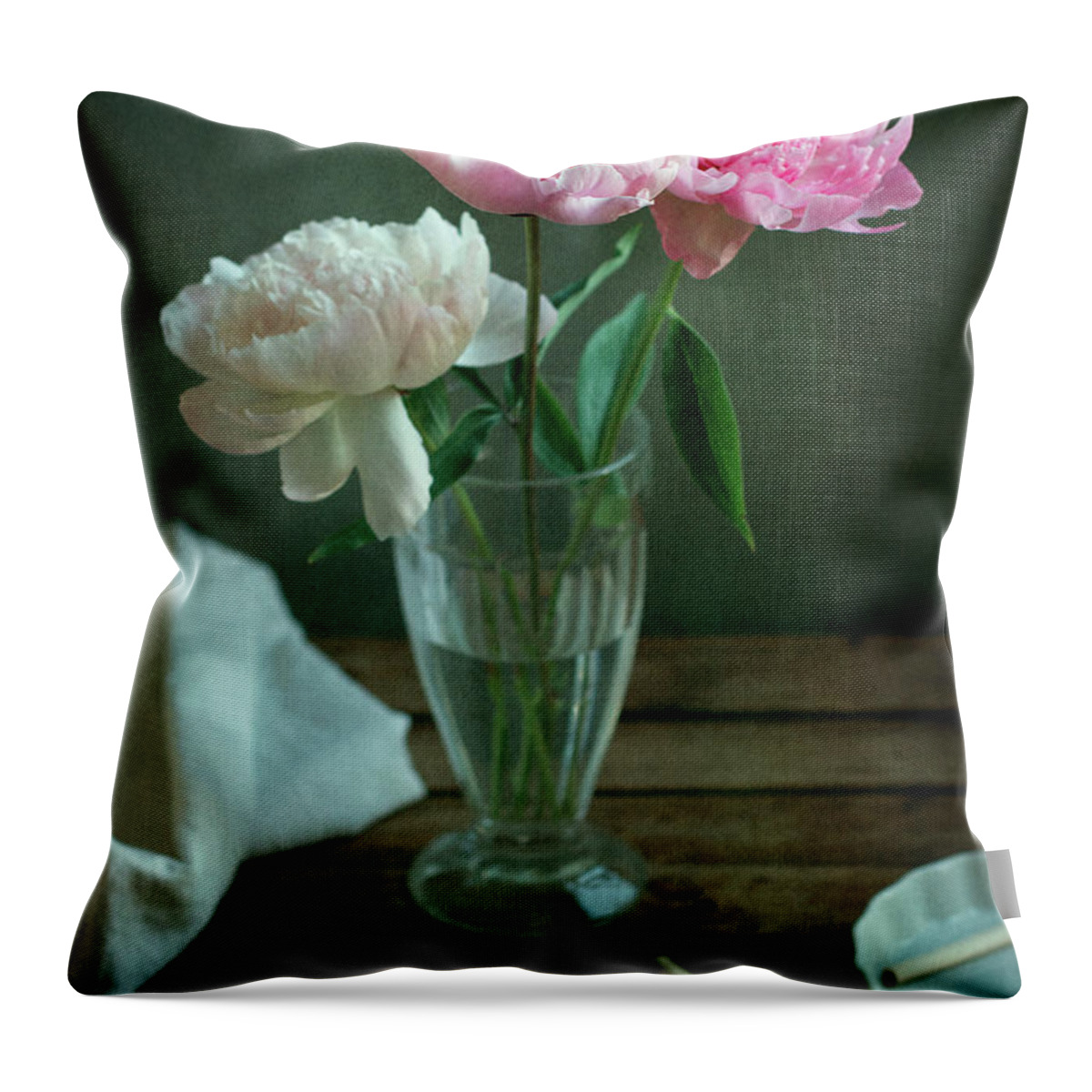 Vase Throw Pillow featuring the photograph Peony Flowers In Glass Vase by Copyright Anna Nemoy(xaomena)
