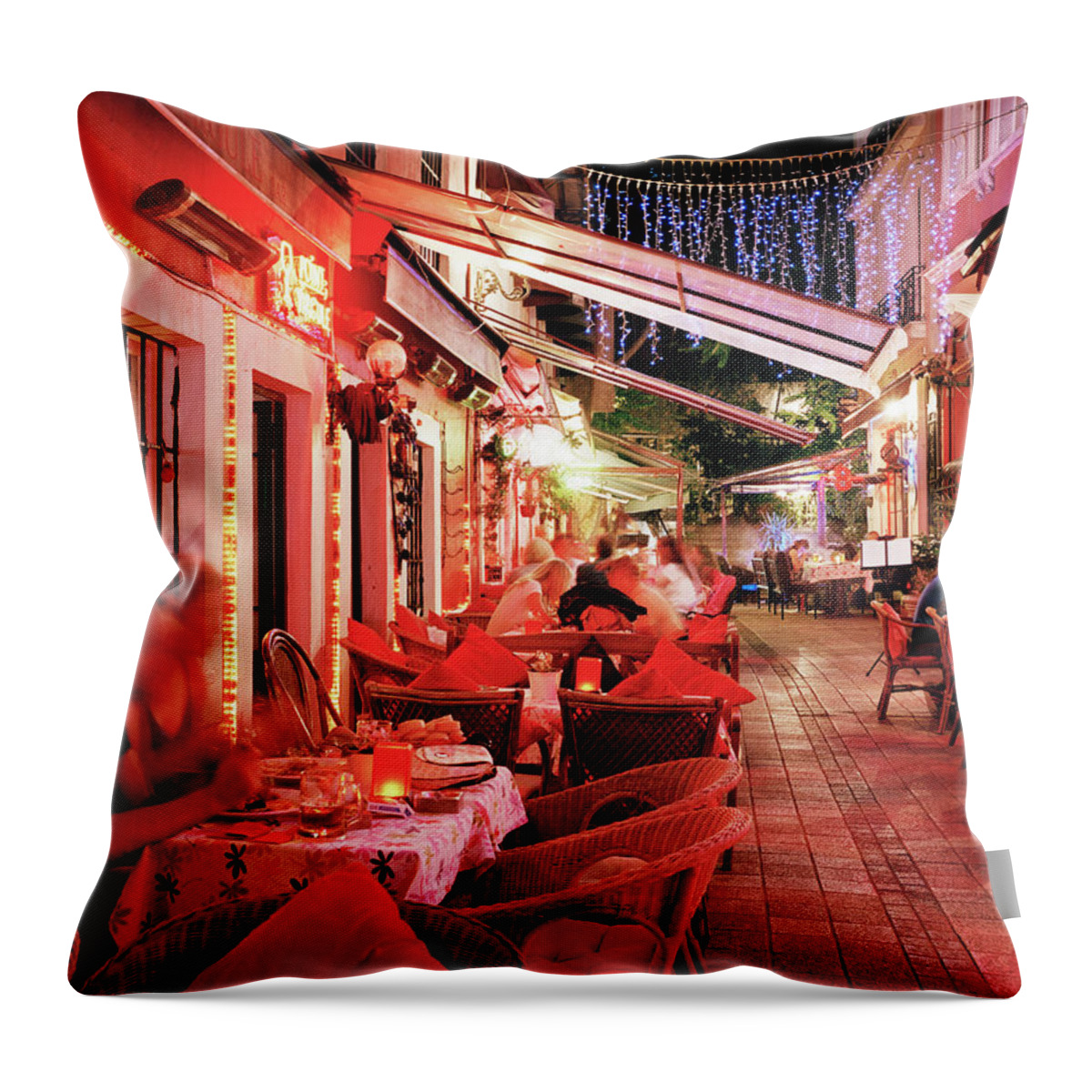 Istanbul Throw Pillow featuring the photograph People Dining Outside Restaurants At by Gary Yeowell