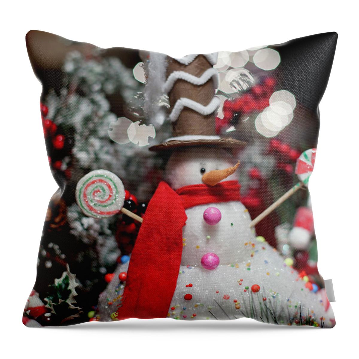Christmas Throw Pillow featuring the photograph Peppermint Snowman by Toni Hopper