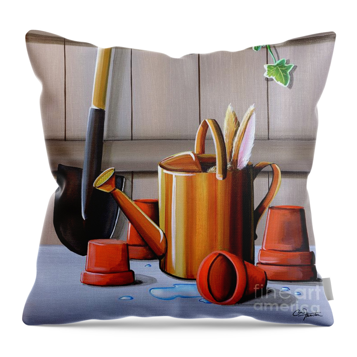 Peter Rabbit Throw Pillow featuring the painting Peter Rabbit Hides by Cindy Thornton