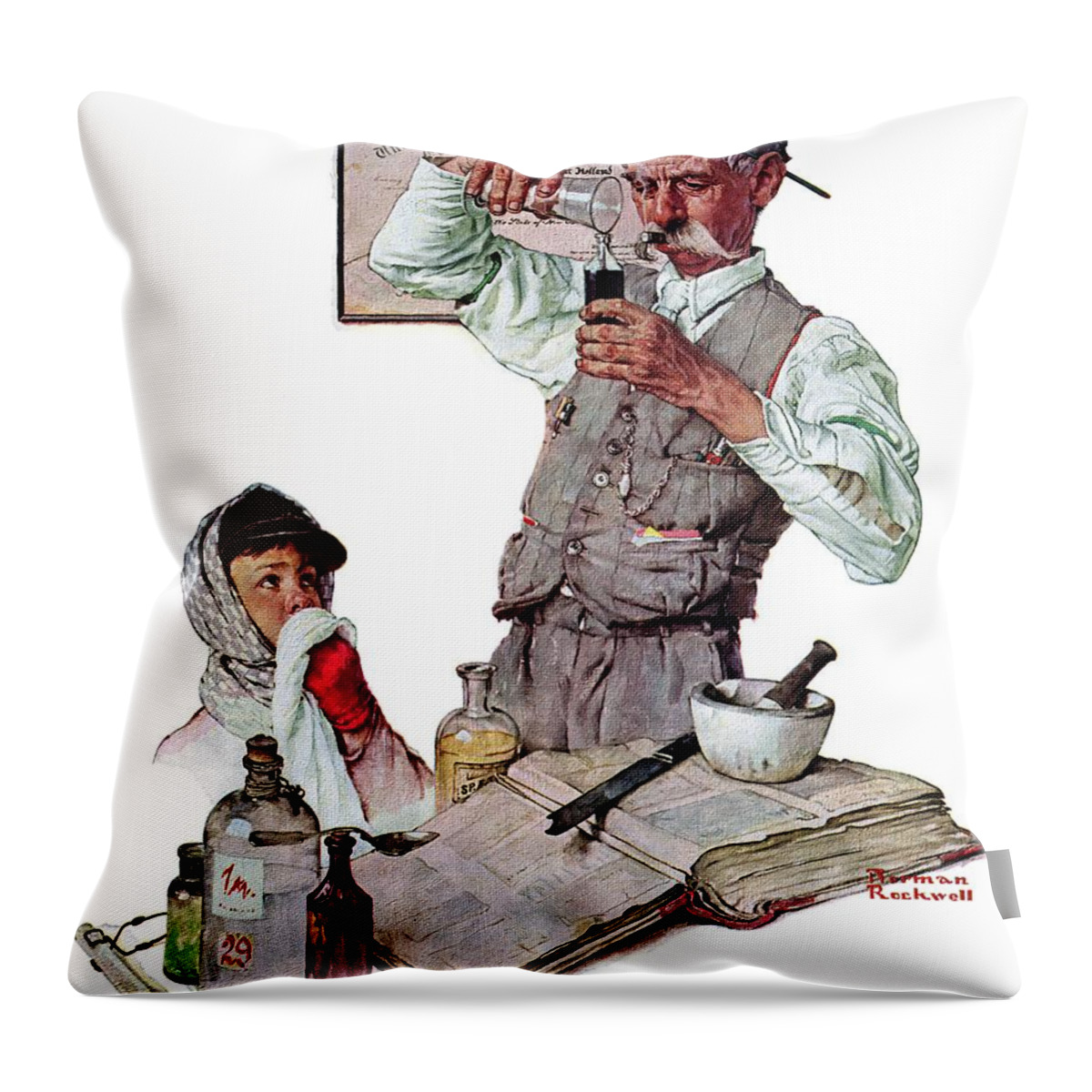 Boy Throw Pillow featuring the painting Pharmacist by Norman Rockwell