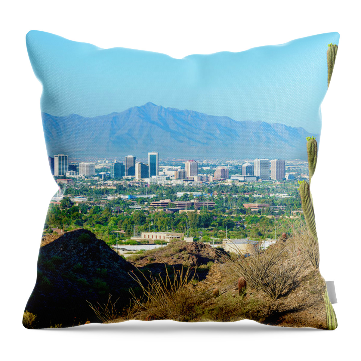Saguaro Cactus Throw Pillow featuring the photograph Phoenix Skyline Framed By Saguaro by Dszc