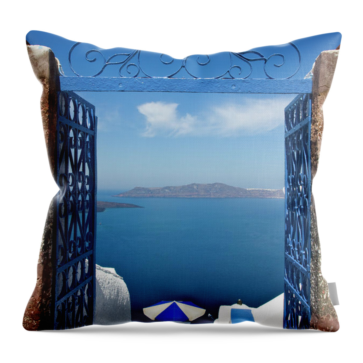 Steps Throw Pillow featuring the photograph Photo Of The Ocean Through A Blue Gate by Arturbo