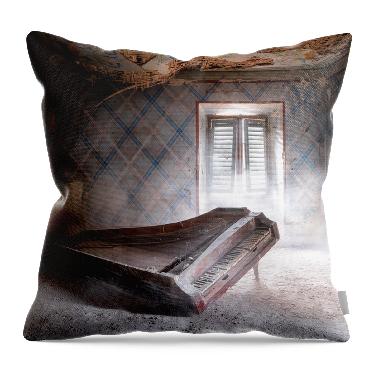 Abandoned Throw Pillow featuring the photograph Piano on the Floor by Roman Robroek