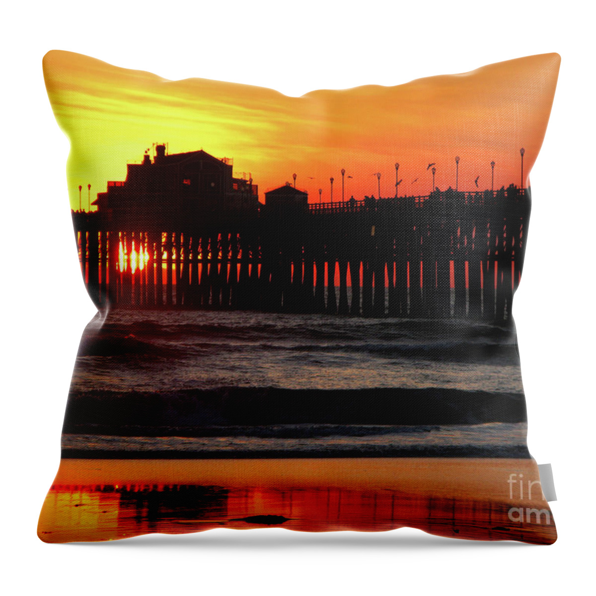 Pacific Ocean Throw Pillow featuring the photograph Pier at Sunset by Terri Brewster