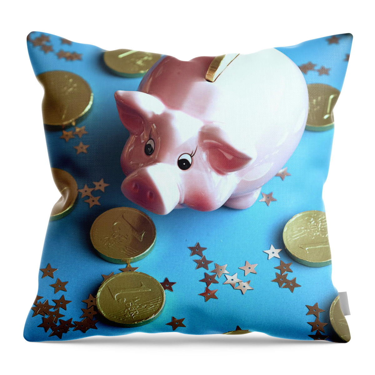 Piggy Bank On The Background With The Chocoladen Coins Bymarina Usmanskaya Throw Pillow featuring the photograph Piggy bank on the background with the chocoladen coins by Marina Usmanskaya