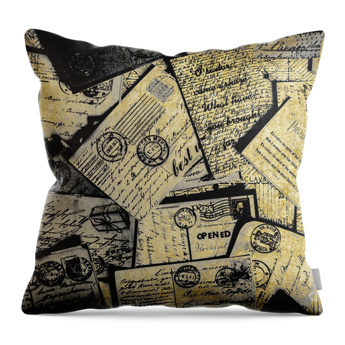 Postage Throw Pillow featuring the photograph Piled paper postcards by Jorgo Photography
