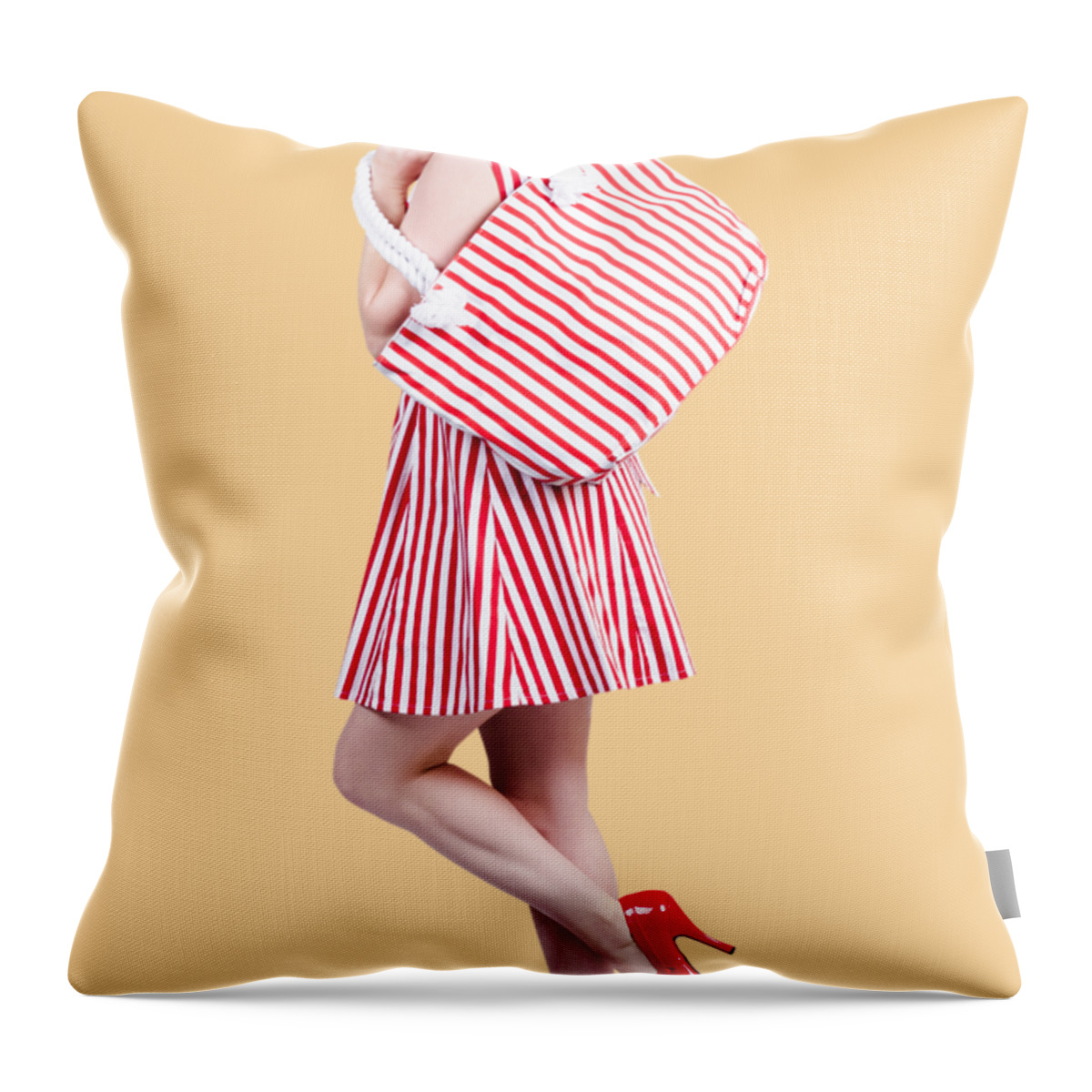 Shopper Throw Pillow featuring the photograph Pin up girl wearing stripped red dress holding bag by Jorgo Photography