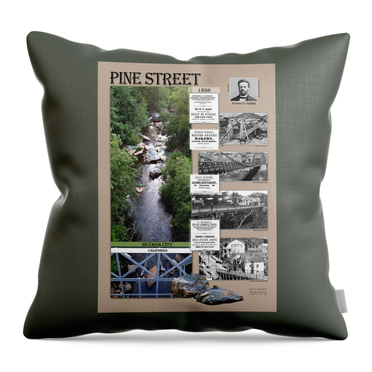 Nevada City History Throw Pillow featuring the digital art Pine Street Bridge, Nevada City, CA by Lisa Redfern