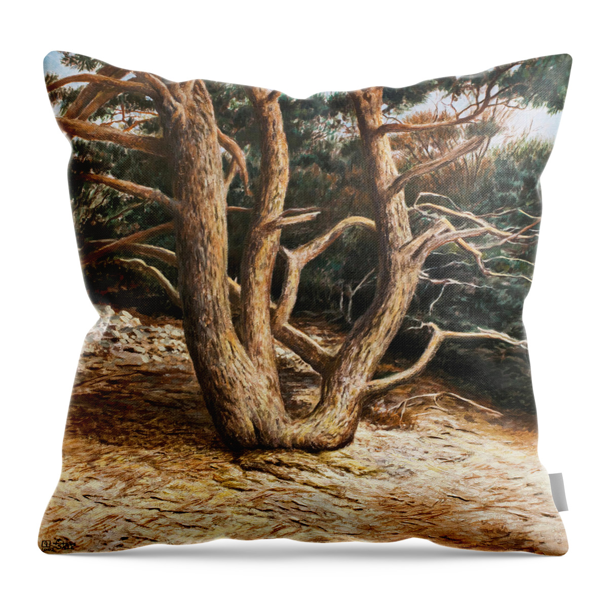 Hans Egil Saele Throw Pillow featuring the painting Pine Tree at the Coast by Hans Egil Saele