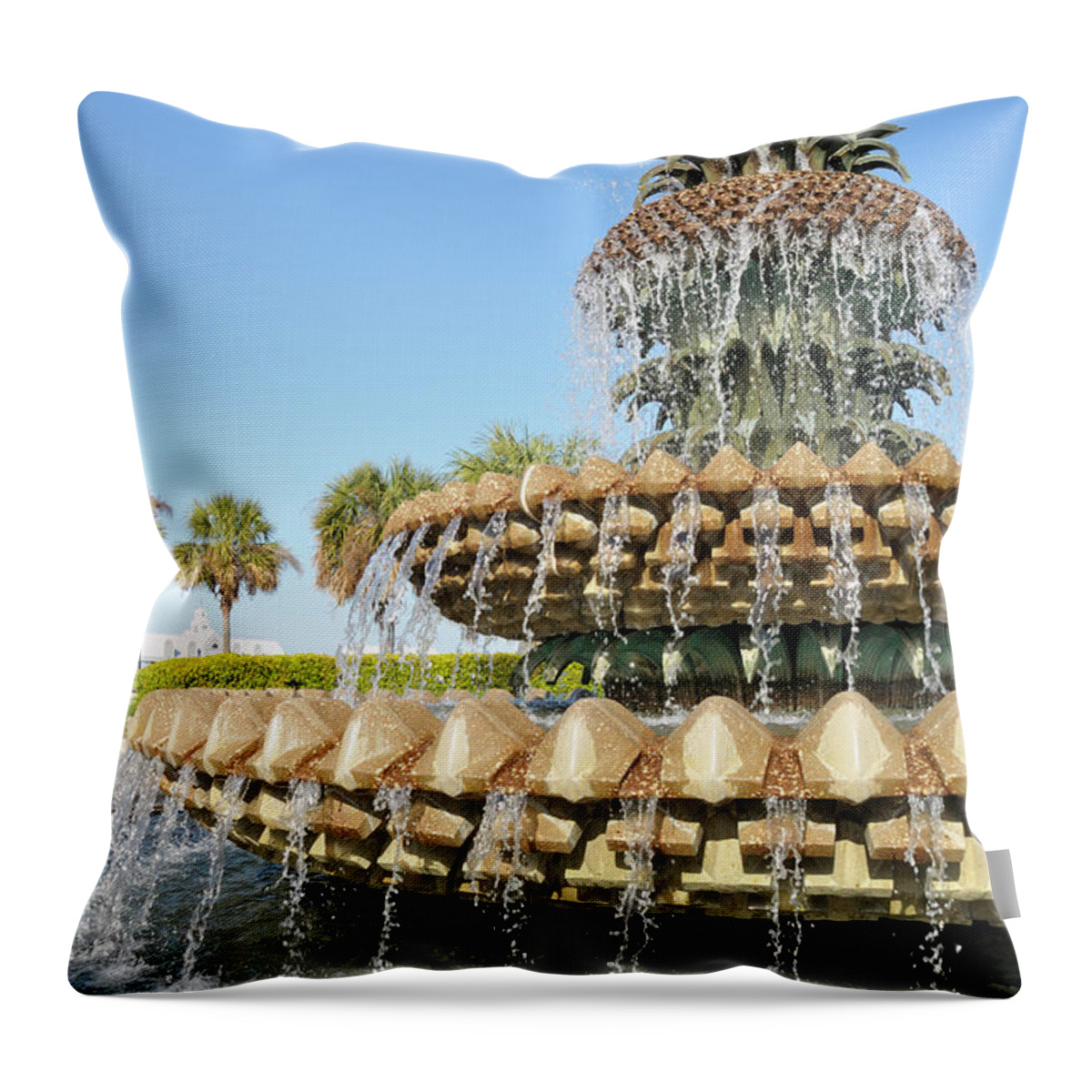 Clear Sky Throw Pillow featuring the photograph Pineapple Fountain, Charleston by Rivernorthphotography