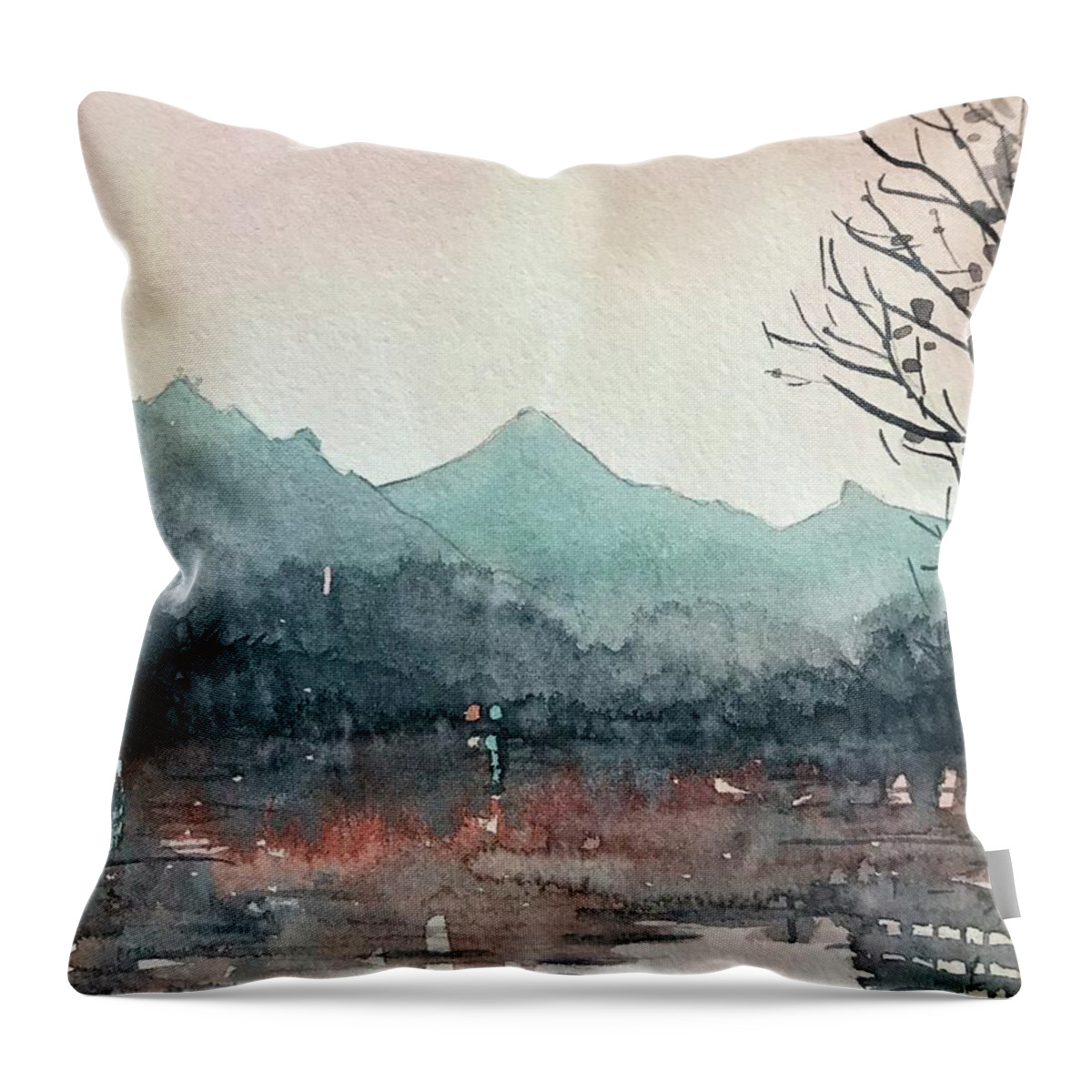Pink Throw Pillow featuring the painting Pink Autumn Malibou Lake by Luisa Millicent