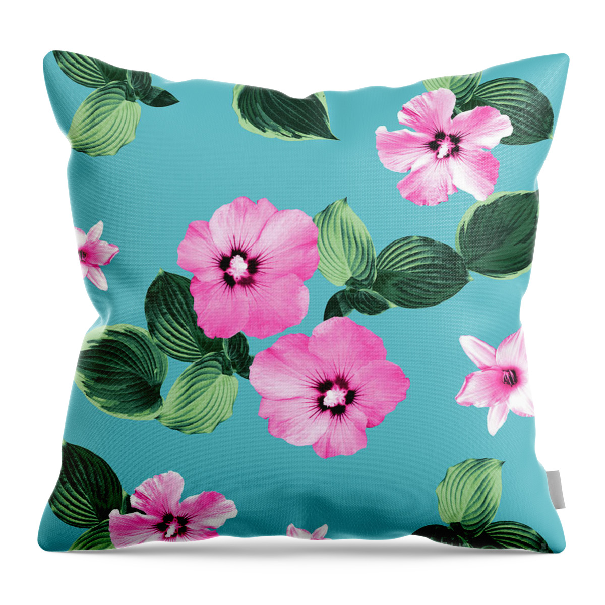 Graphic-design Throw Pillow featuring the mixed media Pink Blue Summer Floral Dream #1 #flower #pattern #decor #art by Anitas and Bellas Art
