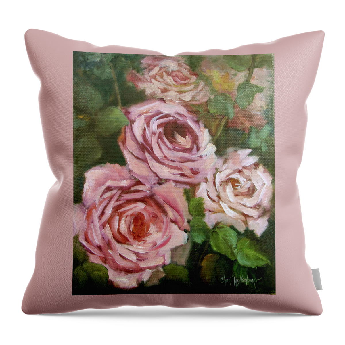 Painting Throw Pillow featuring the painting Pink Cabbage Roses I by Cheri Wollenberg