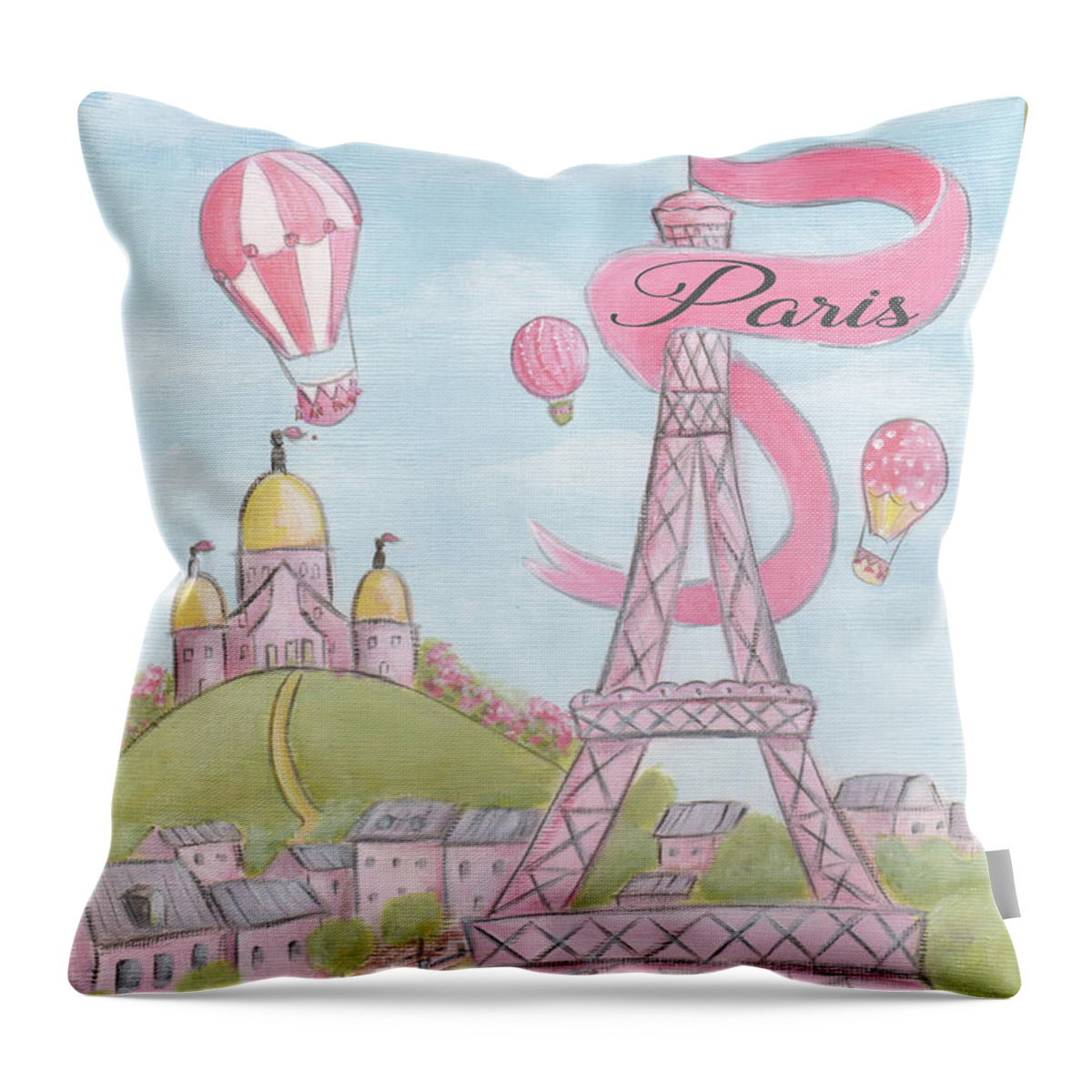 Eiffel Tower Throw Pillow featuring the painting Pink Eiffel Tower With Hot Air Balloons by Debbie Cerone
