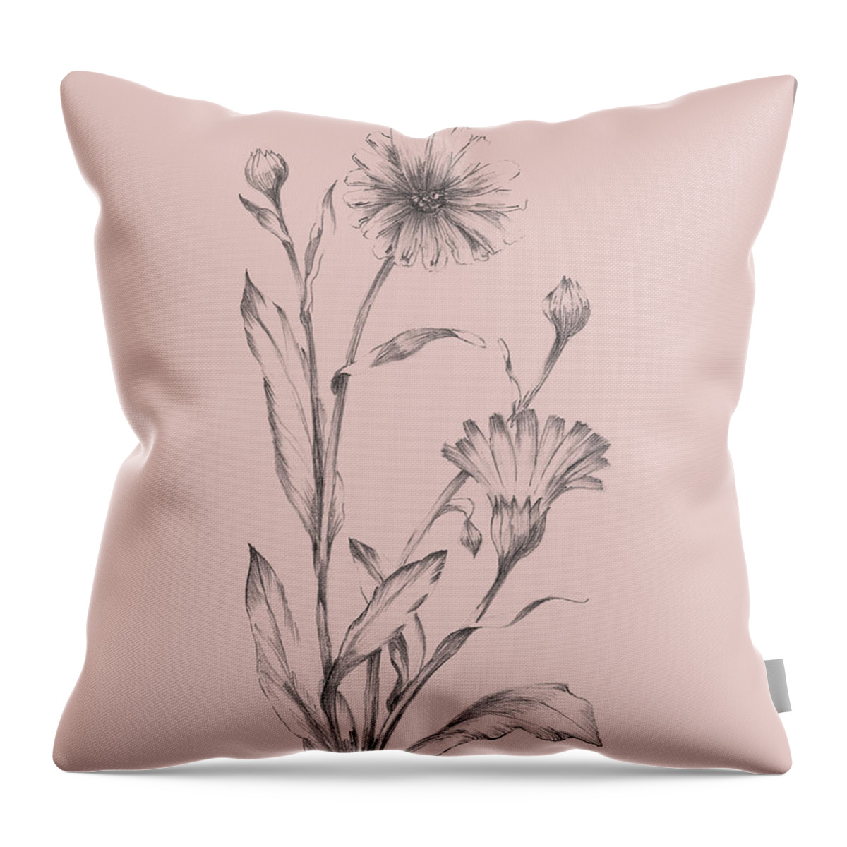 Flower Throw Pillow featuring the mixed media Pink Flower Sketch Illustration III by Naxart Studio