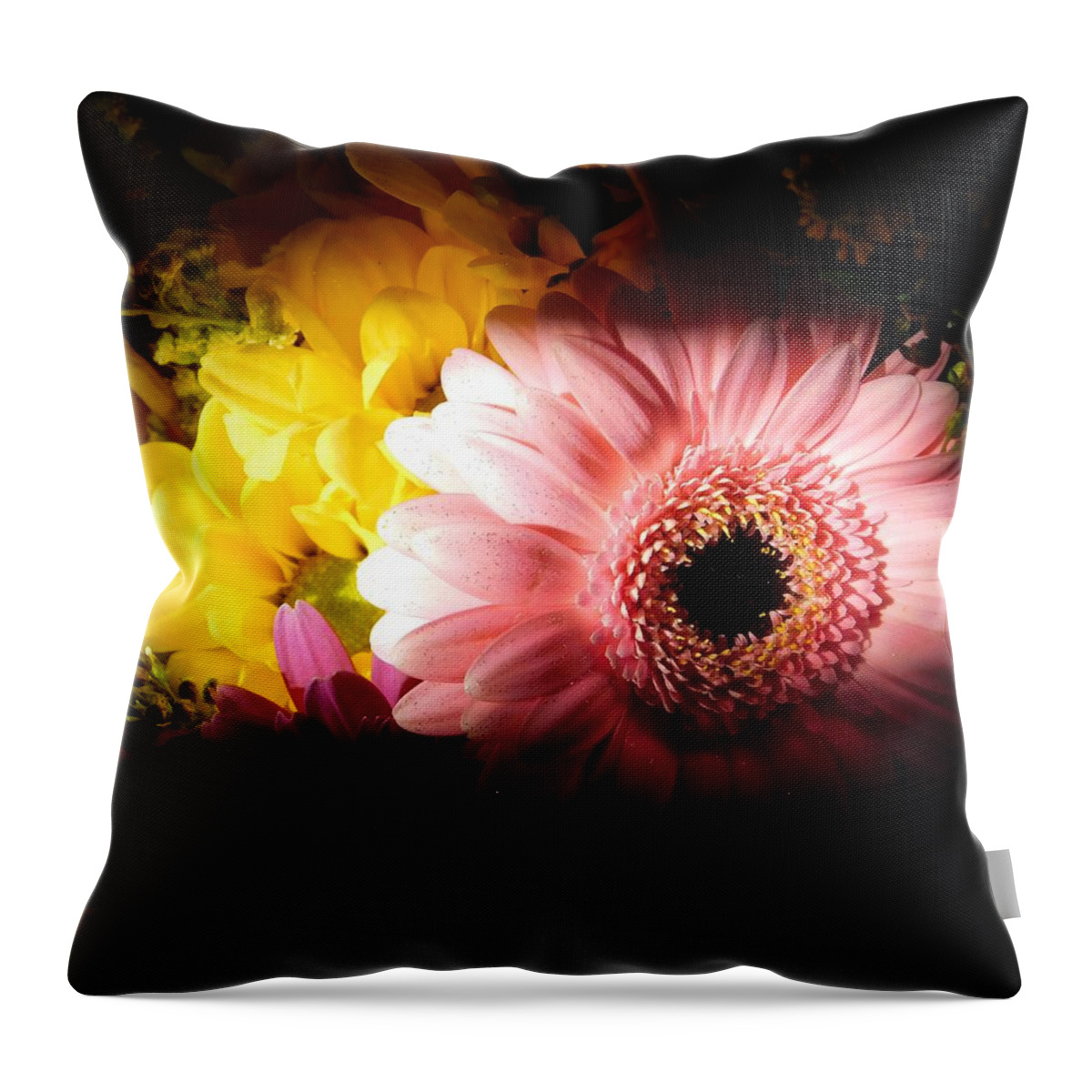 - Pink Gerbera Daisy- Yellow Daisy - In The Light Throw Pillow featuring the photograph - Pink Gerbera Daisy by THERESA Nye