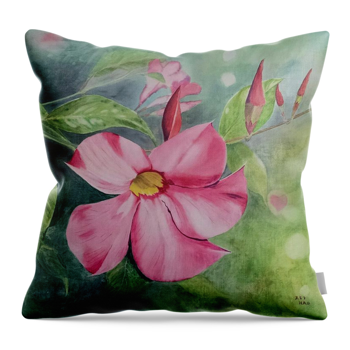 Pink Mandevilla Painting Throw Pillow featuring the painting Pink Mandevilla 2 by Helian Cornwell