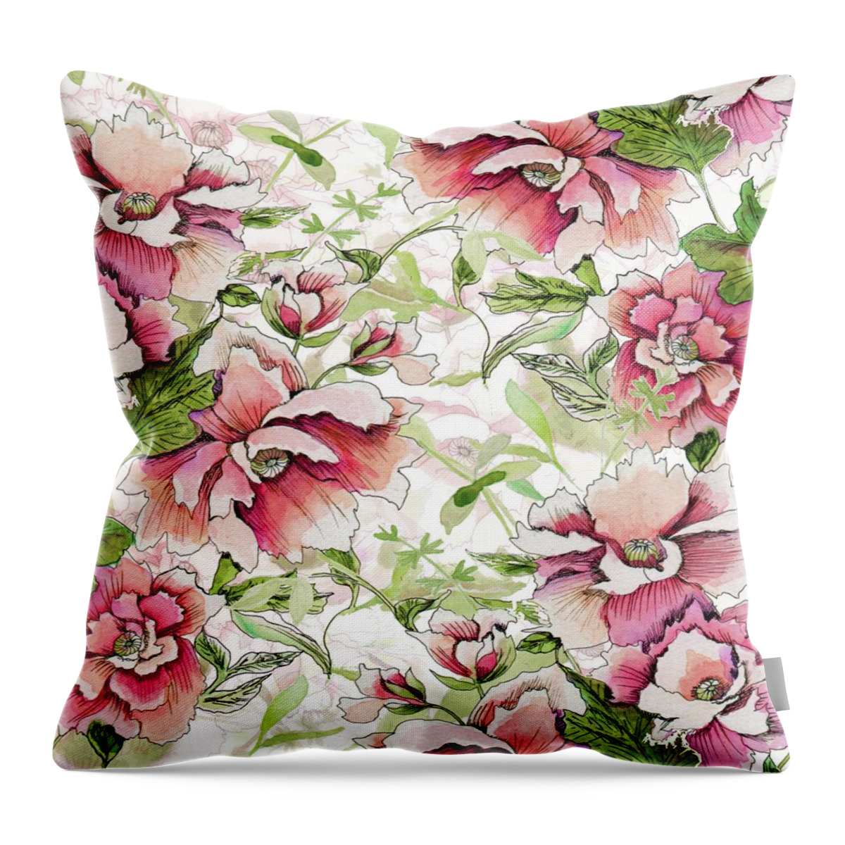 Peony Throw Pillow featuring the painting Pink Peony Blossoms by Sand And Chi