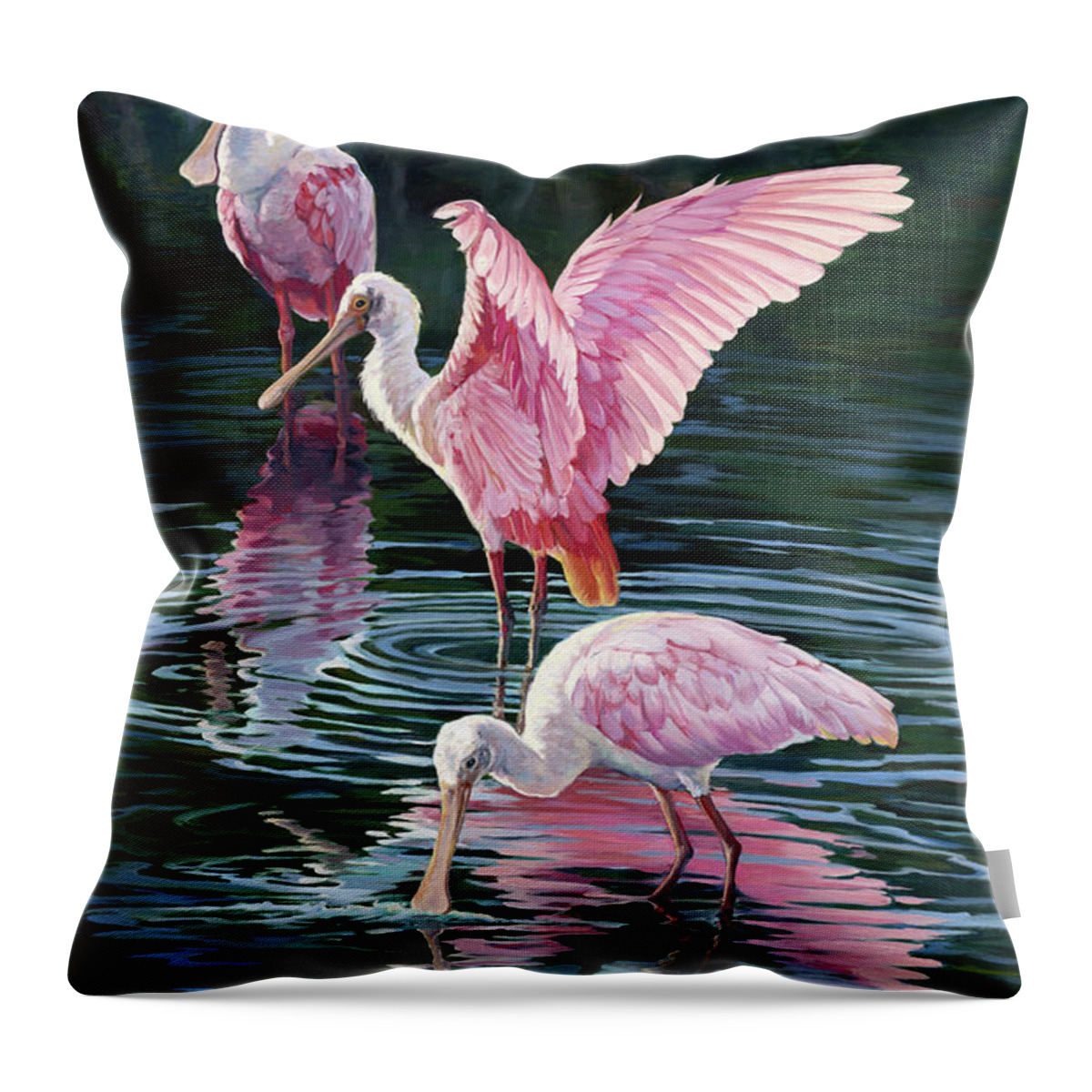 Spoonbills Throw Pillow featuring the painting Pink Spoonbills by Laurie Snow Hein