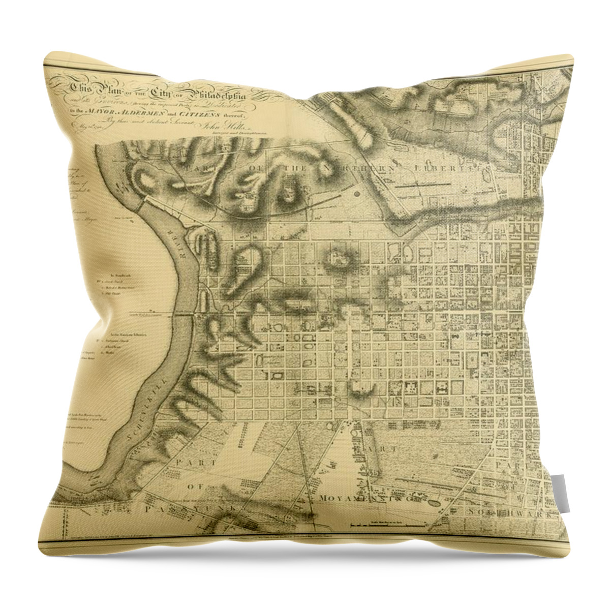 Philadelphia Throw Pillow featuring the mixed media Plan of the City of Philadelphia and Its Environs shewing the improved parts, 1796 by John Hills