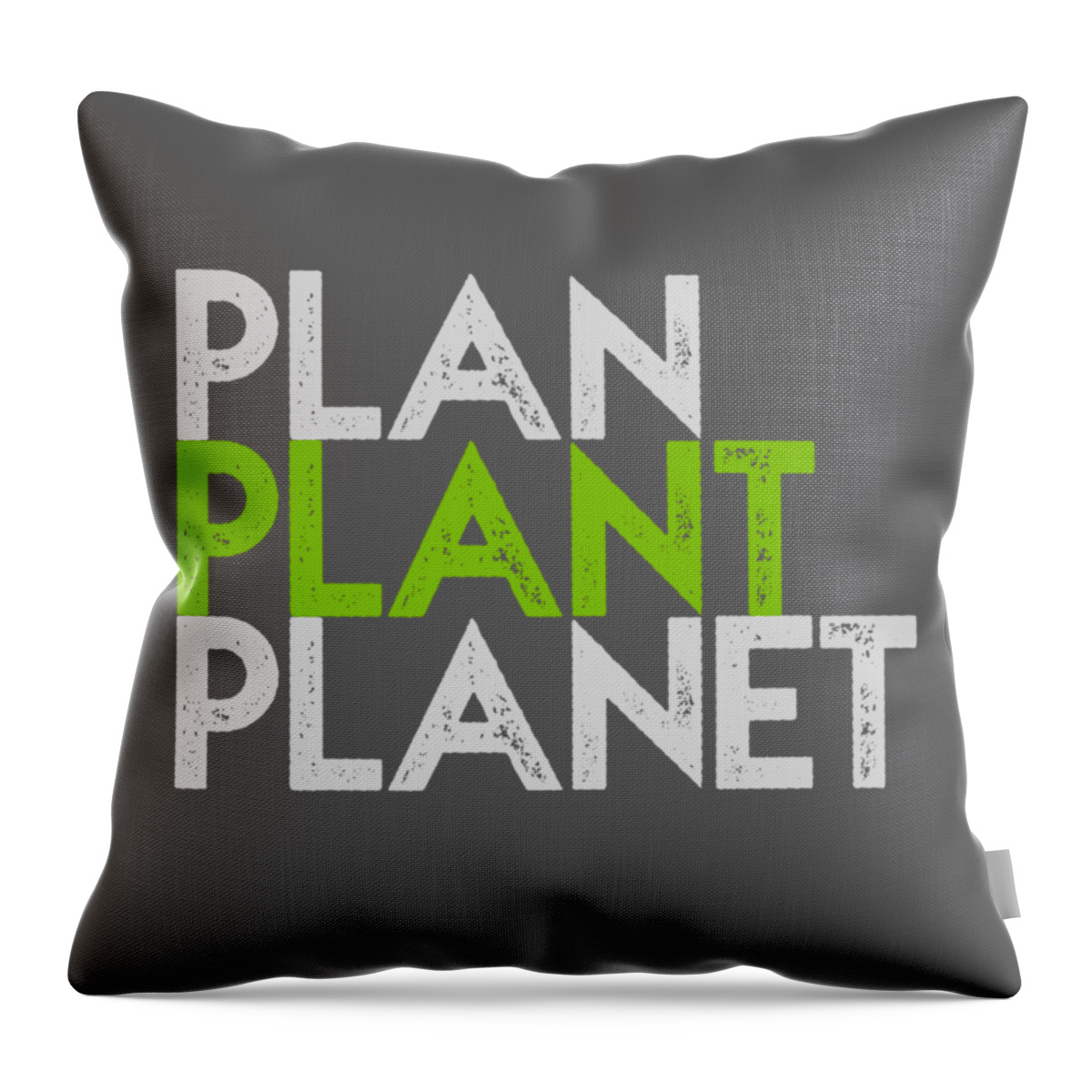 Typography Throw Pillow featuring the drawing Plan Plant Planet - green and gray standard spacing by Charlie Szoradi