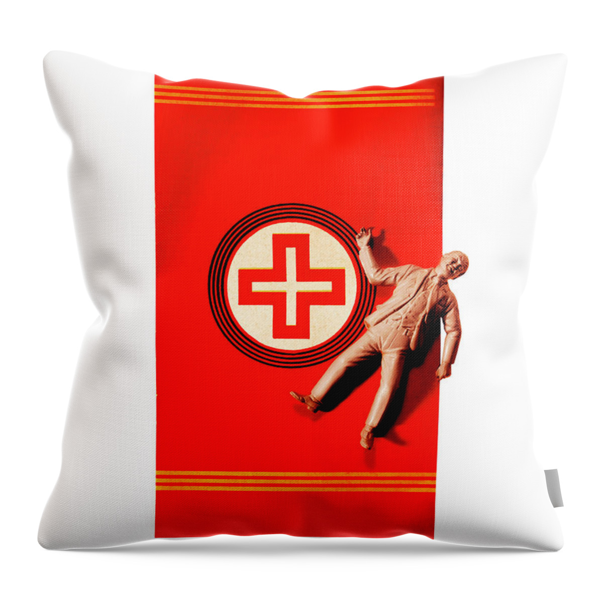 Accident Throw Pillow featuring the drawing Plastic Male Figurine Lying on a Red Flag by CSA Images