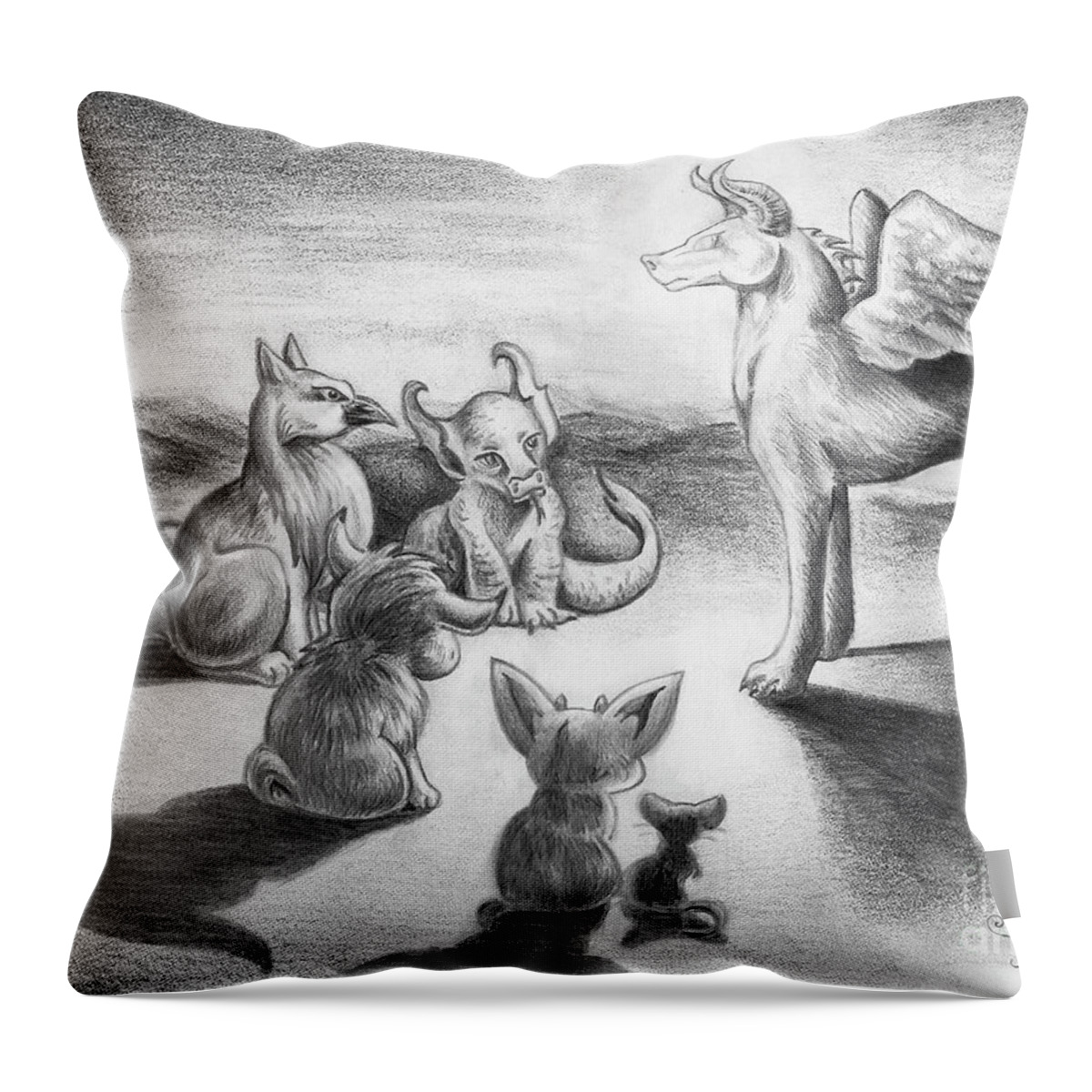 Fantasy Throw Pillow featuring the drawing Plotting by Sipporah Art and Illustration