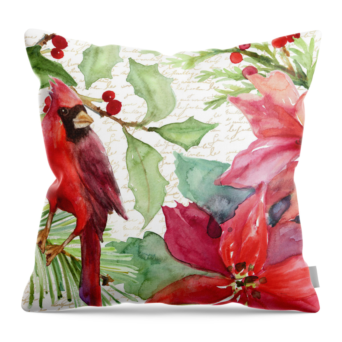 Holiday Throw Pillow featuring the mixed media Poinsettia And Cardinal II by Lanie Loreth