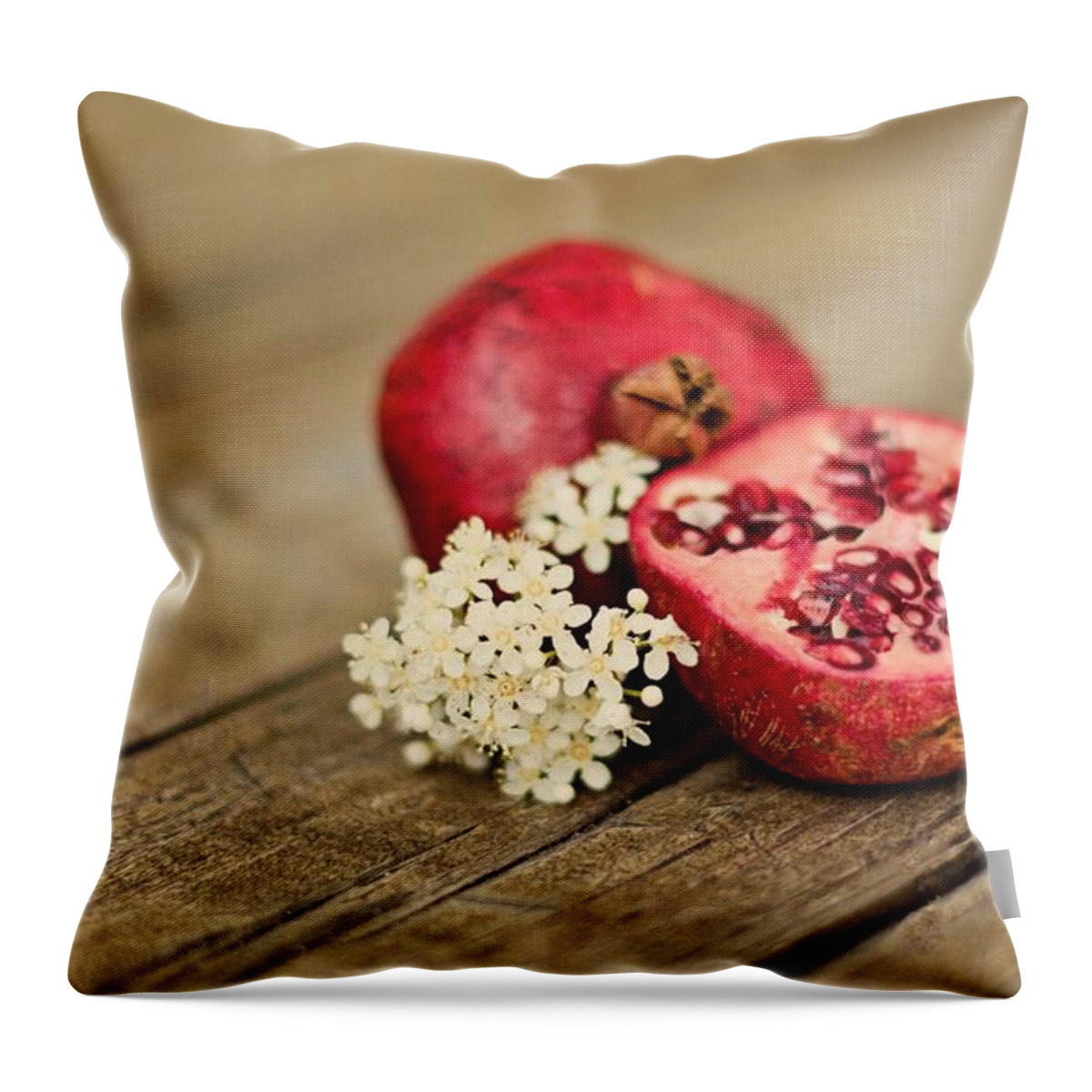 Wood Throw Pillow featuring the photograph Pomegranate And Flowers On Tabletop by Anna Hwatz Photography Find Me On Facebook