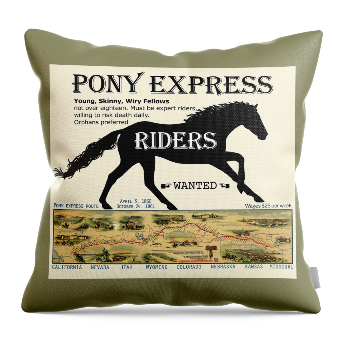 Pony Express Throw Pillow featuring the digital art Pony Express Want Ad by Lisa Redfern