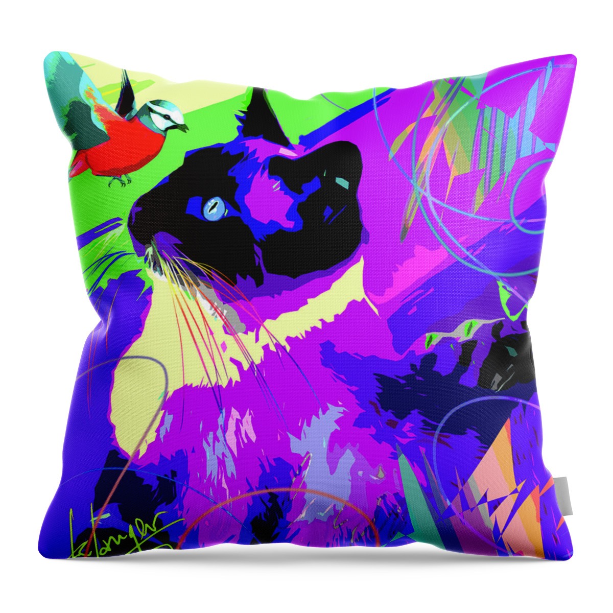 Dizzycats Throw Pillow featuring the painting pOpCat and Bird by DC Langer