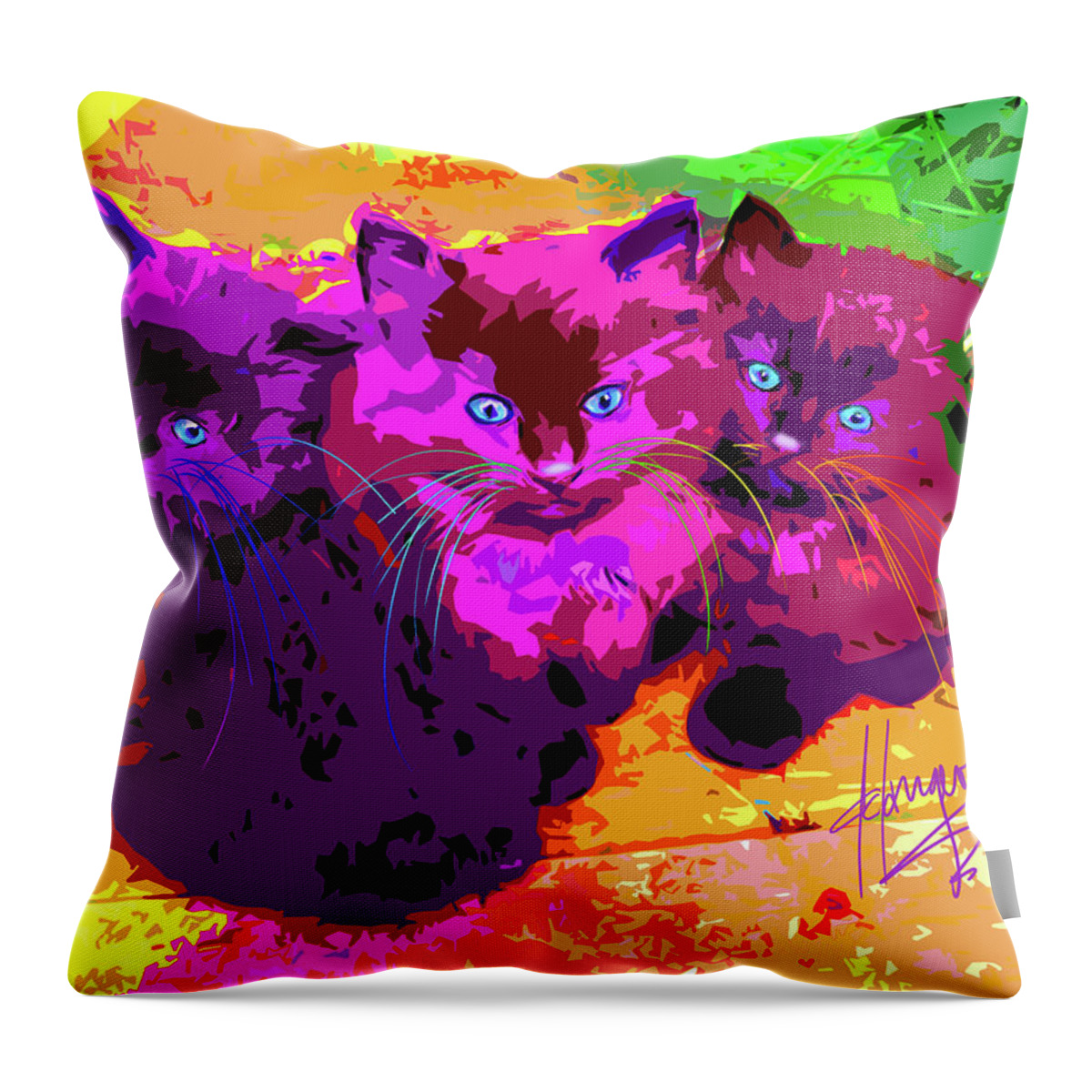 Three Musketeers Throw Pillow featuring the painting pOpCats The Three MusCATteers by DC Langer