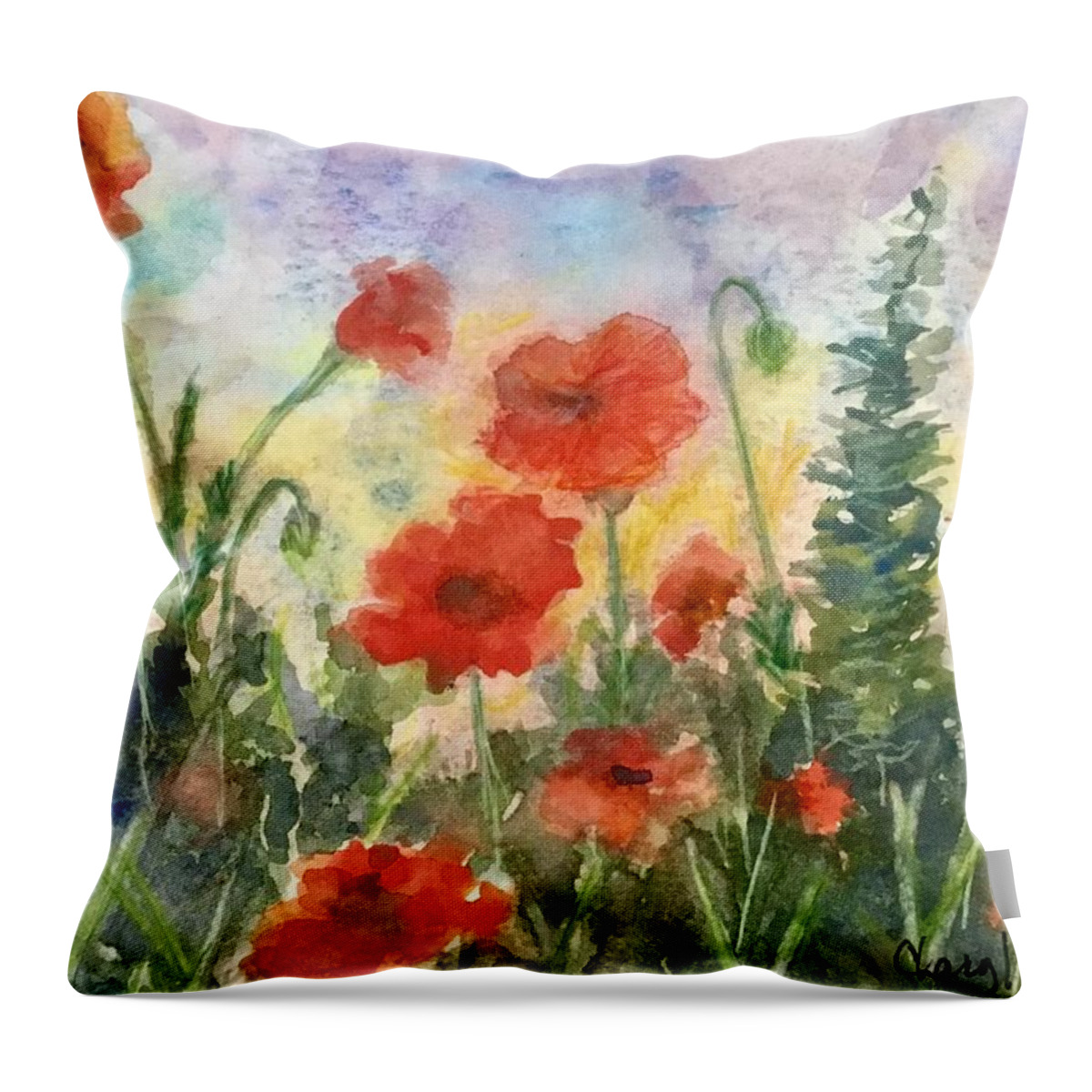 Sunrise Throw Pillow featuring the painting Poppy Garden by Cheryl Wallace