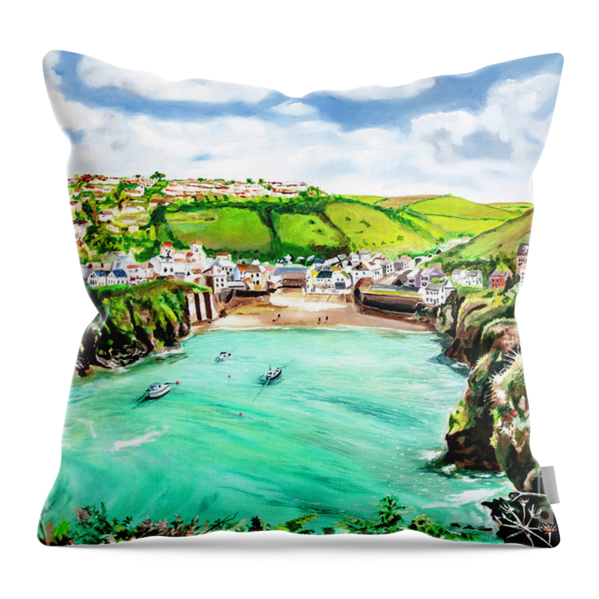 Port Isaac Throw Pillow featuring the painting Port Isaac by James Lavott