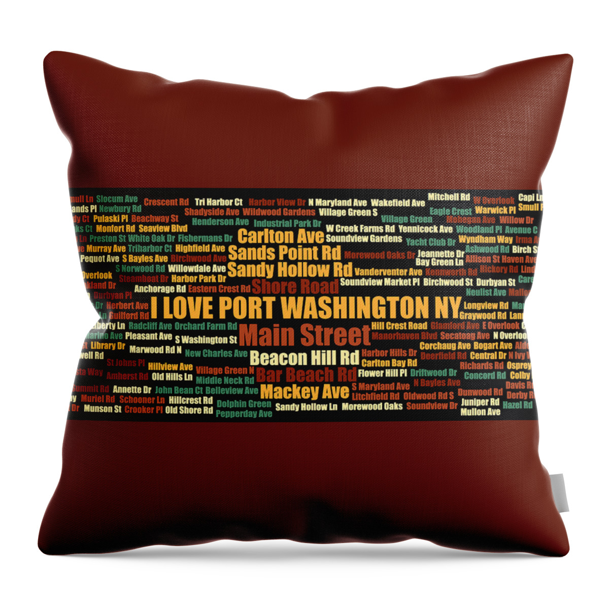Port Washington Ny Throw Pillow featuring the digital art Port Washington NY Street Name Wordcloud Multi 1 by David Smith